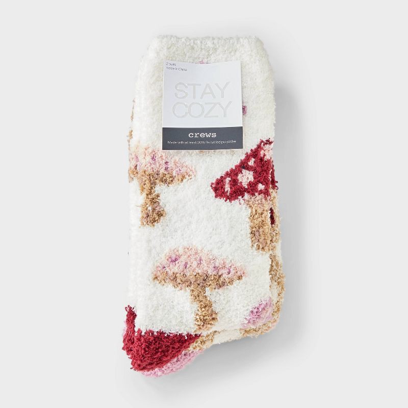 slide 2 of 3, Women's Mushrooms 2pk Cozy Crew Socks - Burgundy/Ivory/Oatmeal 4-10, 2 ct