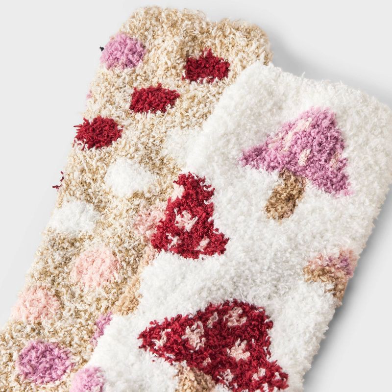 slide 3 of 3, Women's Mushrooms 2pk Cozy Crew Socks - Burgundy/Ivory/Oatmeal 4-10, 2 ct