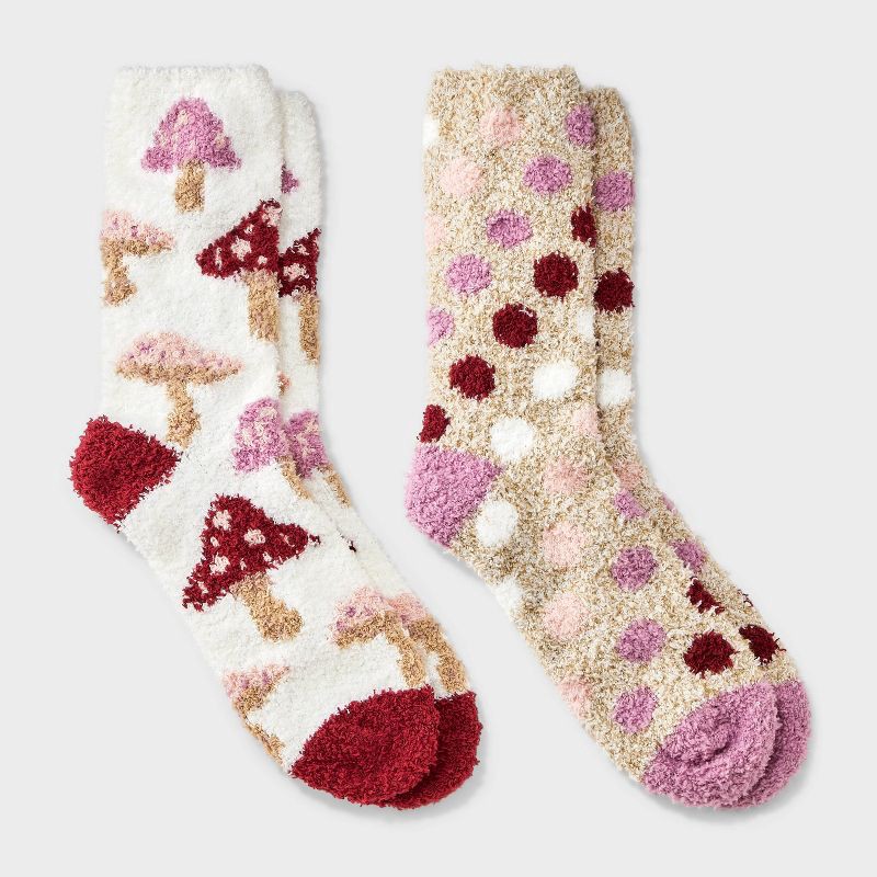 slide 1 of 3, Women's Mushrooms 2pk Cozy Crew Socks - Burgundy/Ivory/Oatmeal 4-10, 2 ct