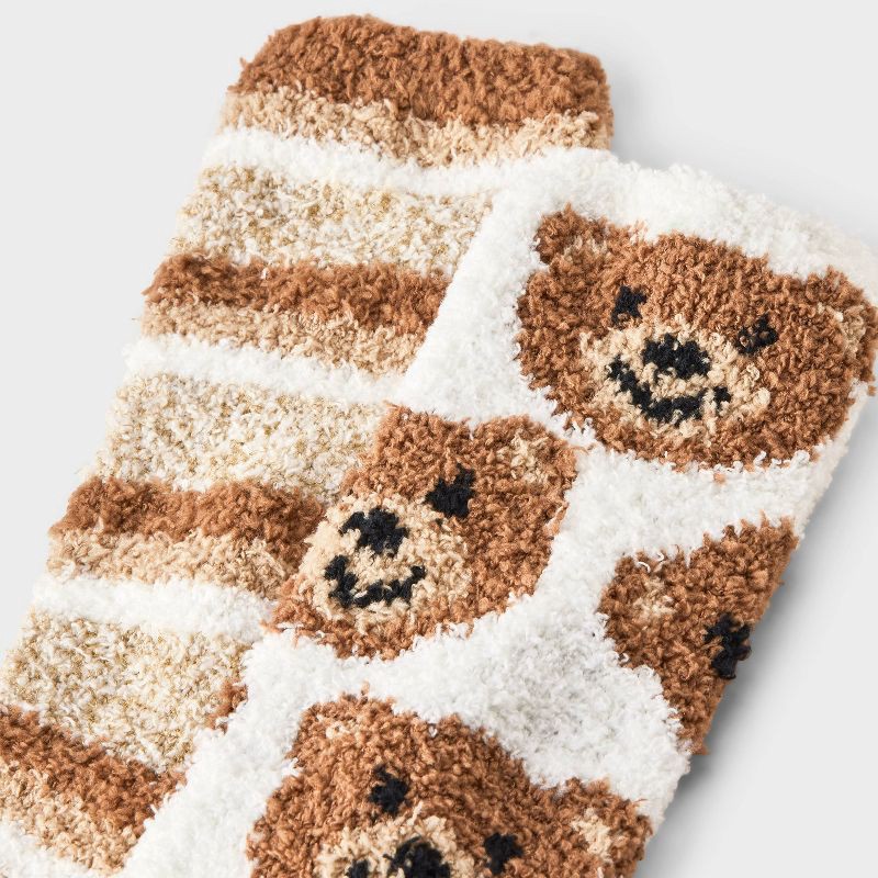 slide 3 of 3, Women's Teddy Bear 2pk Cozy Crew Socks - Brown/Ivory/Tan 4-10, 2 ct