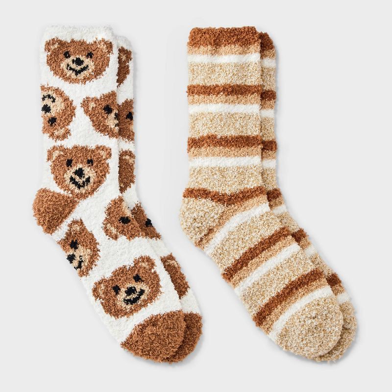 slide 1 of 3, Women's Teddy Bear 2pk Cozy Crew Socks - Brown/Ivory/Tan 4-10, 2 ct