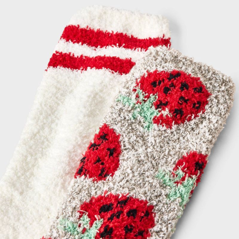 slide 3 of 3, Women's Strawberry 2pk Cozy Crew Socks - Red/Gray/White 4-10, 2 ct