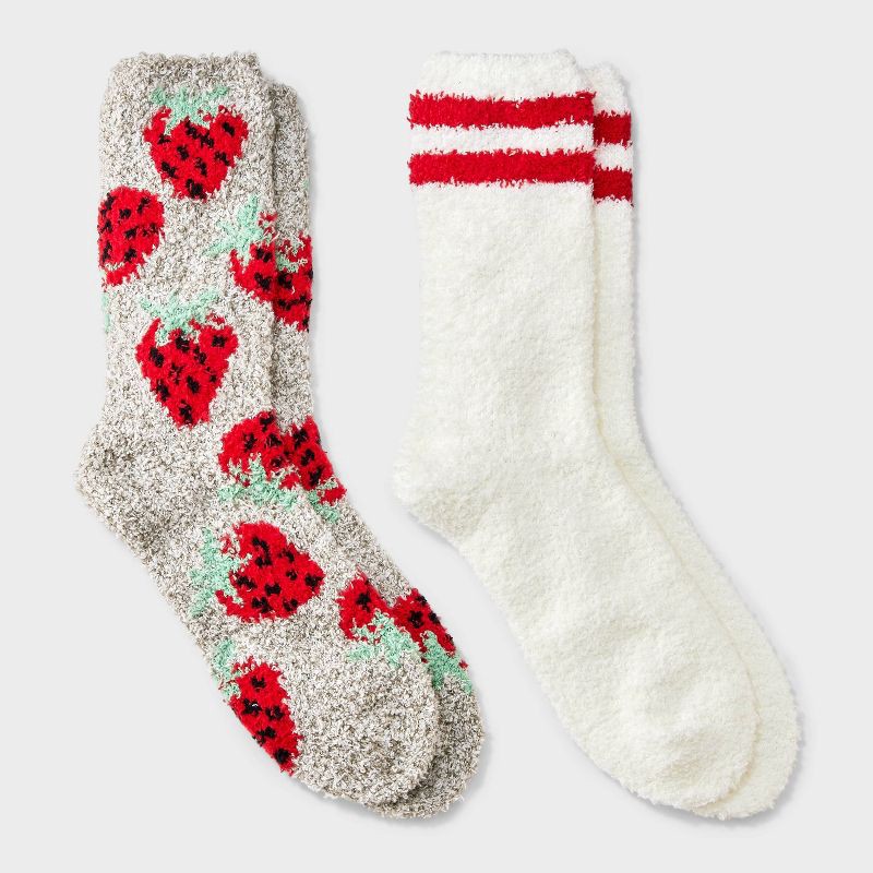 slide 1 of 3, Women's Strawberry 2pk Cozy Crew Socks - Red/Gray/White 4-10, 2 ct