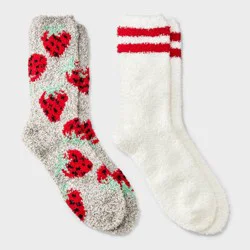 Women's Strawberry 2pk Cozy Crew Socks - Red/Gray/White 4-10