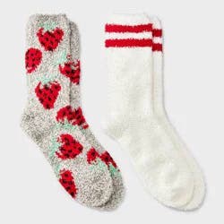 Women's Strawberry 2pk Cozy Crew Socks - Red/Gray/White 4-10