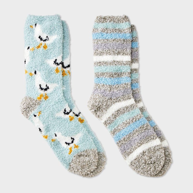 slide 1 of 3, Women's Duck 2pk Cozy Crew Socks - Aqua/Ivory/Gray 4-10, 2 ct