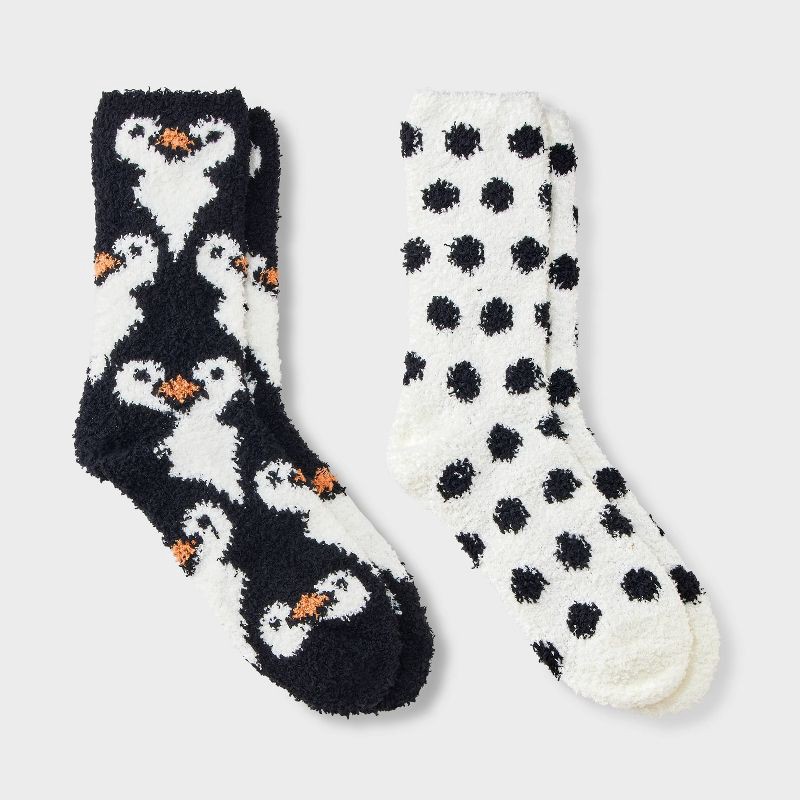 slide 1 of 3, Women's Penguin 2pk Cozy Crew Socks - Black/White 4-10, 2 ct