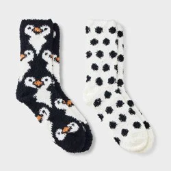 Women's Penguin 2pk Cozy Crew Socks - Black/White 4-10