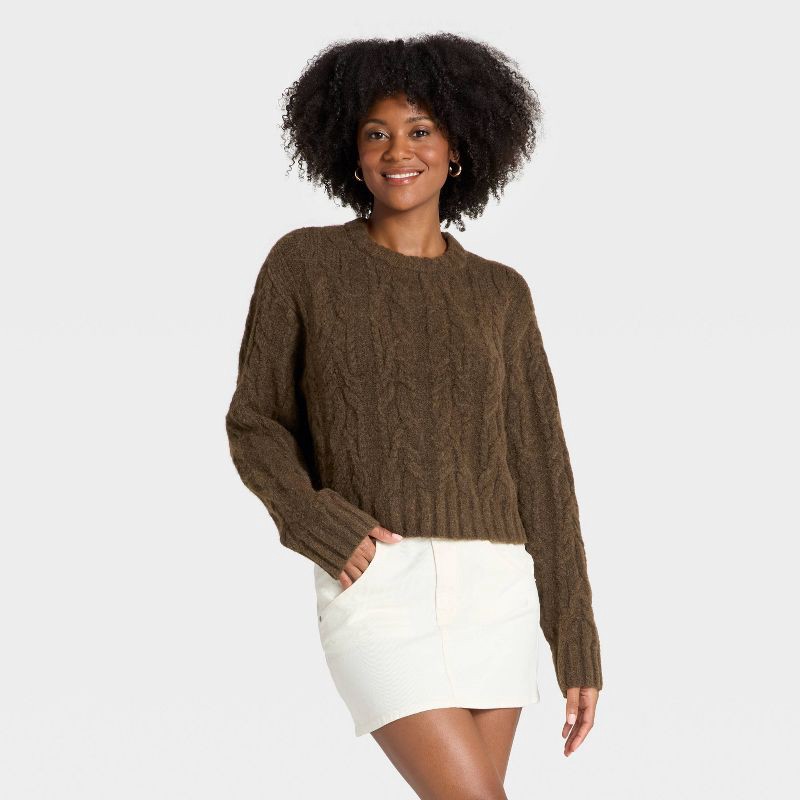 slide 1 of 3, Women's Cozy Cable Crewneck Pullover Sweater - Universal Thread™ Brown S, 1 ct
