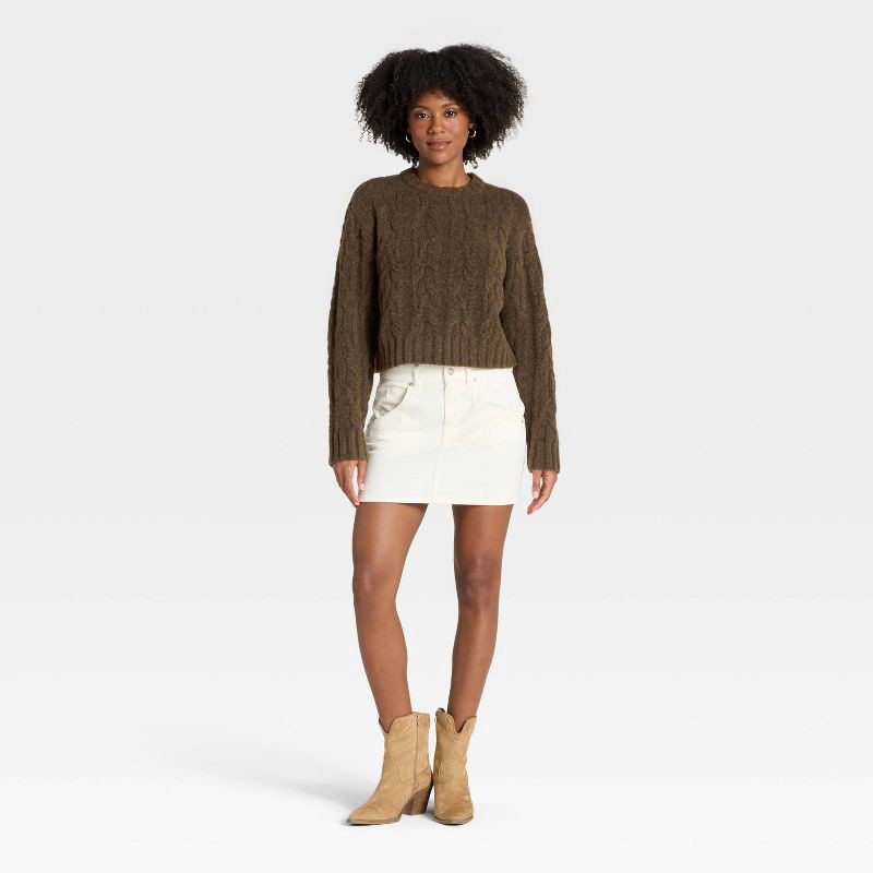 slide 3 of 3, Women's Cozy Cable Crewneck Pullover Sweater - Universal Thread™ Brown L, 1 ct