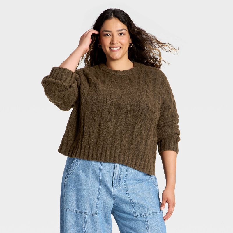 slide 1 of 3, Women's Cozy Cable Crewneck Pullover Sweater - Universal Thread™ Brown XXL, 1 ct