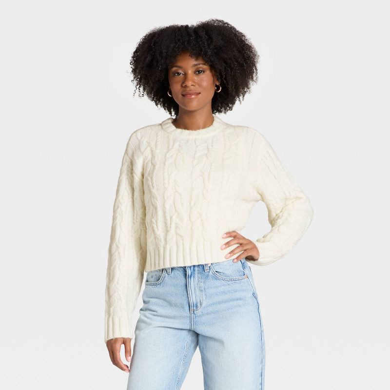 slide 1 of 3, Women's Cozy Cable Crewneck Pullover Sweater - Universal Thread™ Cream XS, 1 ct