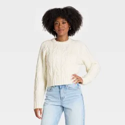 Women's Long Sleeve Cozy Cable Crewneck Pullover Sweater - Universal Thread™ Cream M