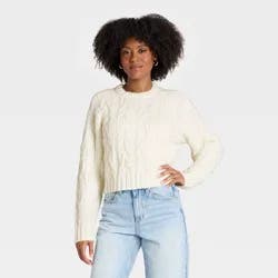 Women's Long Sleeve Cozy Cable Crewneck Pullover Sweater - Universal Thread™ Cream M