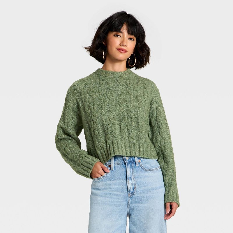 slide 1 of 3, Women's Cozy Cable Crewneck Pullover Sweater - Universal Thread™ Dark Green XS, 1 ct