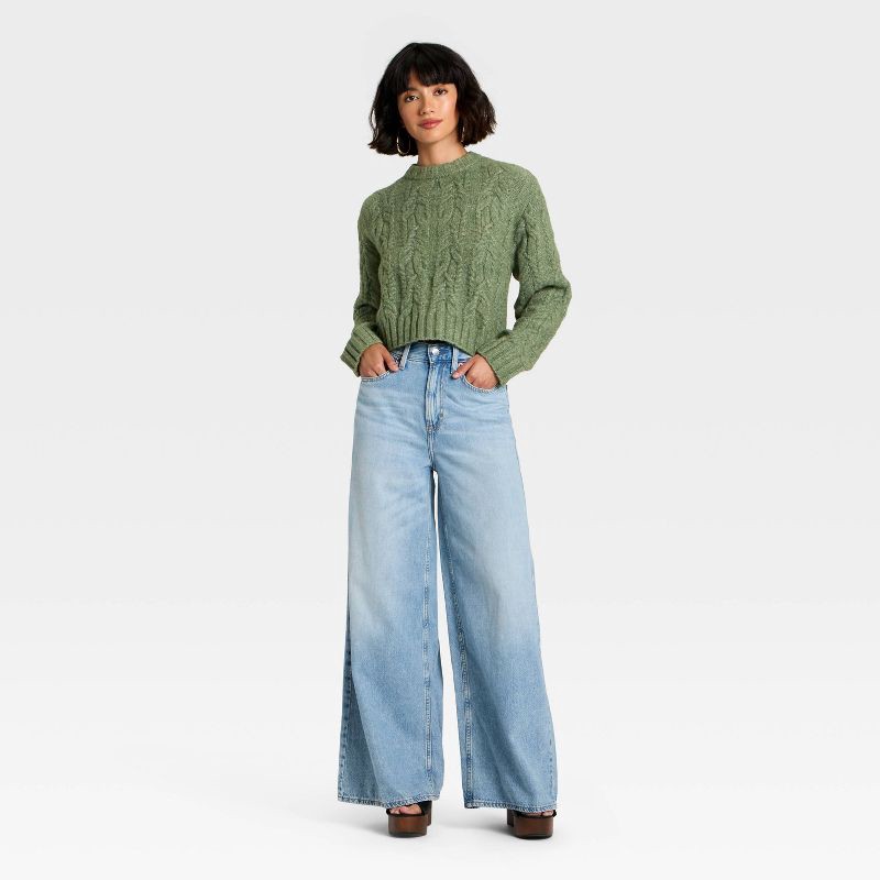 slide 3 of 3, Women's Cozy Cable Crewneck Pullover Sweater - Universal Thread™ Dark Green S, 1 ct