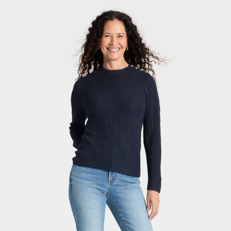 slide 1 of 3, Women's Lace Stitch Crewneck Pullover Sweater - Universal Thread™ Navy Blue XS, 1 ct
