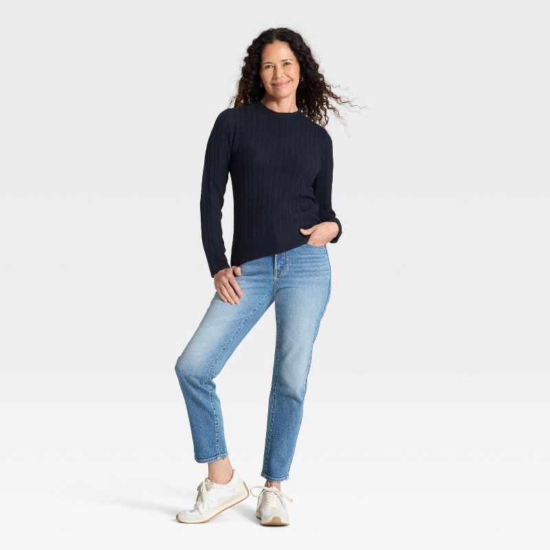 slide 3 of 3, Women's Lace Stitch Crewneck Pullover Sweater - Universal Thread™ Navy Blue M, 1 ct