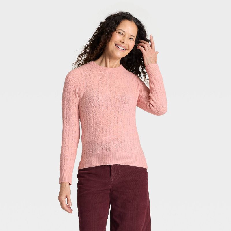 slide 1 of 3, Women's Lace Stitch Crewneck Pullover Sweater - Universal Thread™ Pink XS, 1 ct