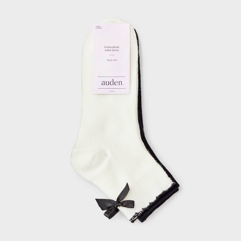 slide 2 of 3, Women's Scallop Edge Bow Ultra Soft Rib-Knit 2pk Ankle Socks - Auden™ Ivory/Black 4-10, 2 ct