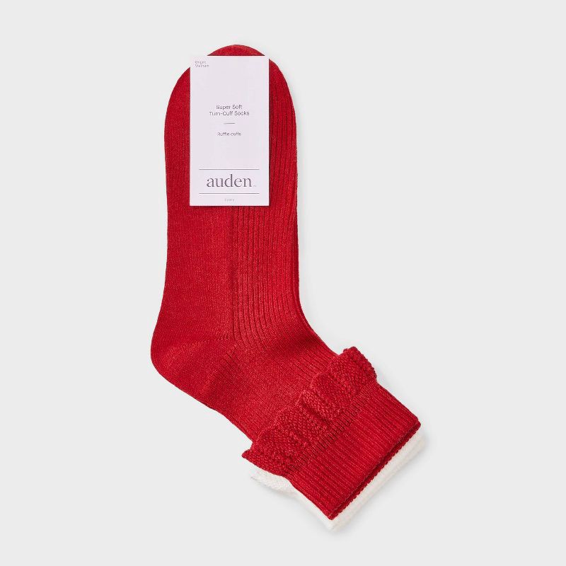 slide 2 of 3, Women's Pointelle Scallop Turn-Cuff 2pk Ankle Socks - Auden™ Red/Ivory 4-10, 2 ct