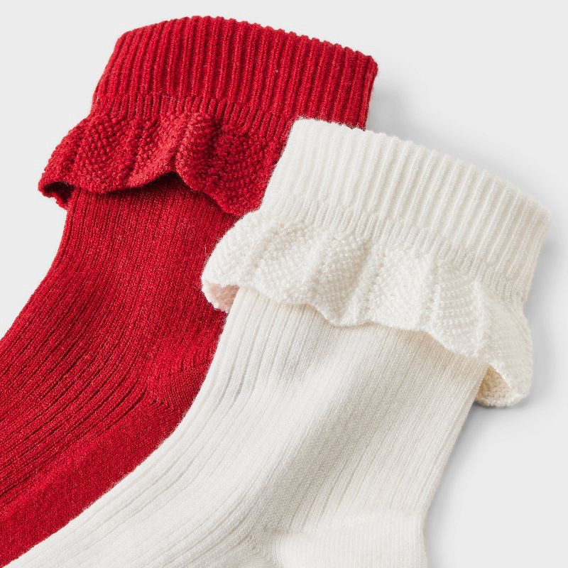 slide 3 of 3, Women's Pointelle Scallop Turn-Cuff 2pk Ankle Socks - Auden™ Red/Ivory 4-10, 2 ct