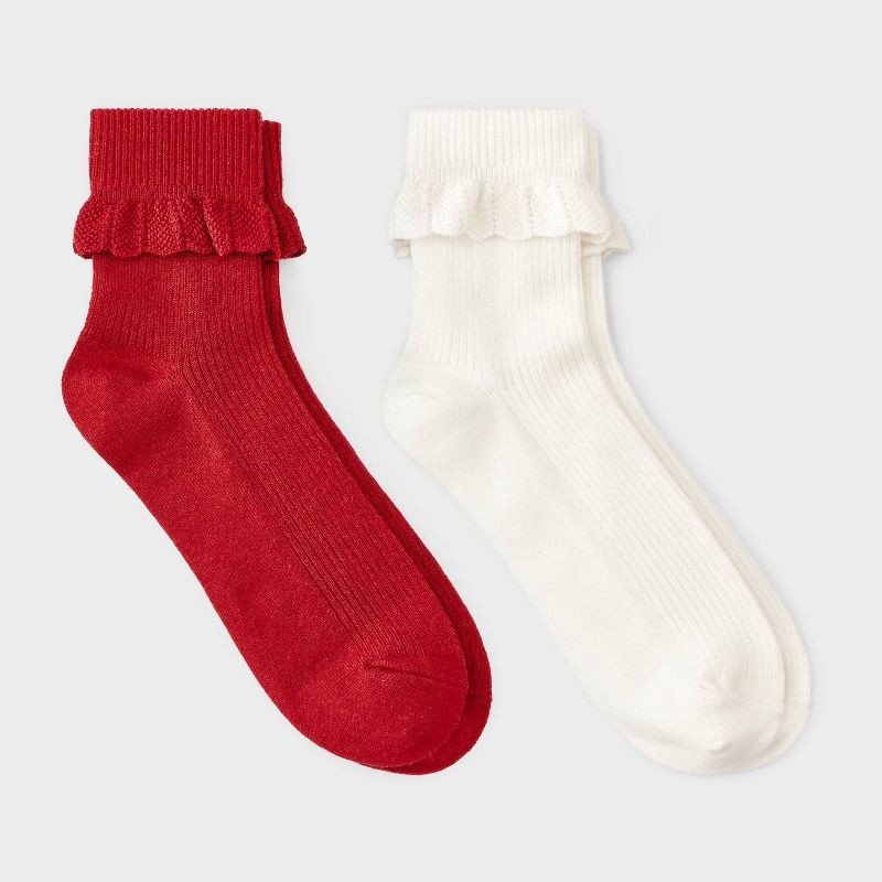slide 1 of 3, Women's Pointelle Scallop Turn-Cuff 2pk Ankle Socks - Auden™ Red/Ivory 4-10, 2 ct