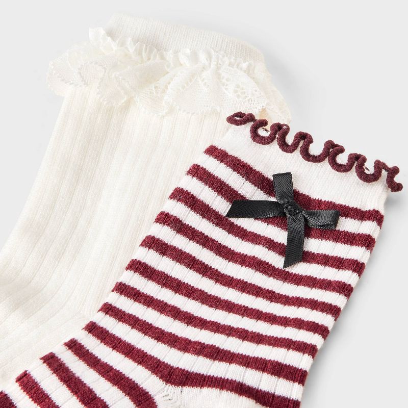 slide 3 of 3, Women's Striped Waffle Knit 2pk Crew Socks with Bow Applique - Auden™ Berry/Ivory/Black 4-10, 2 ct