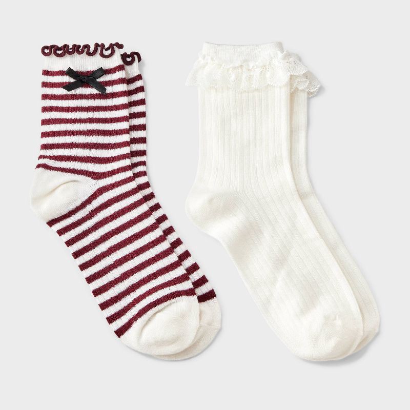 slide 1 of 3, Women's Striped Waffle Knit 2pk Crew Socks with Bow Applique - Auden™ Berry/Ivory/Black 4-10, 2 ct