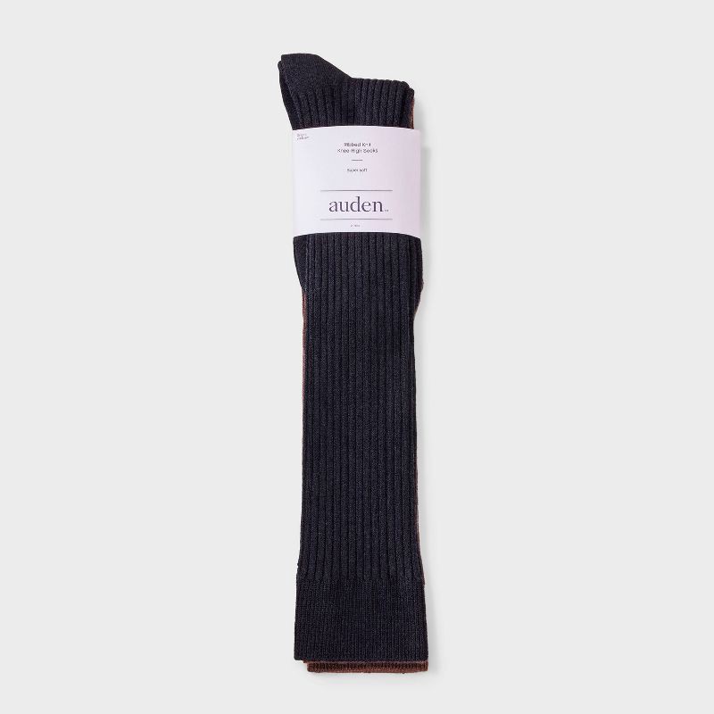 slide 2 of 3, Women's Ribbed Ultra Soft Everyday Rib-Knit 2pk Knee High Socks - Auden™ Black/Brown 4-10, 2 ct