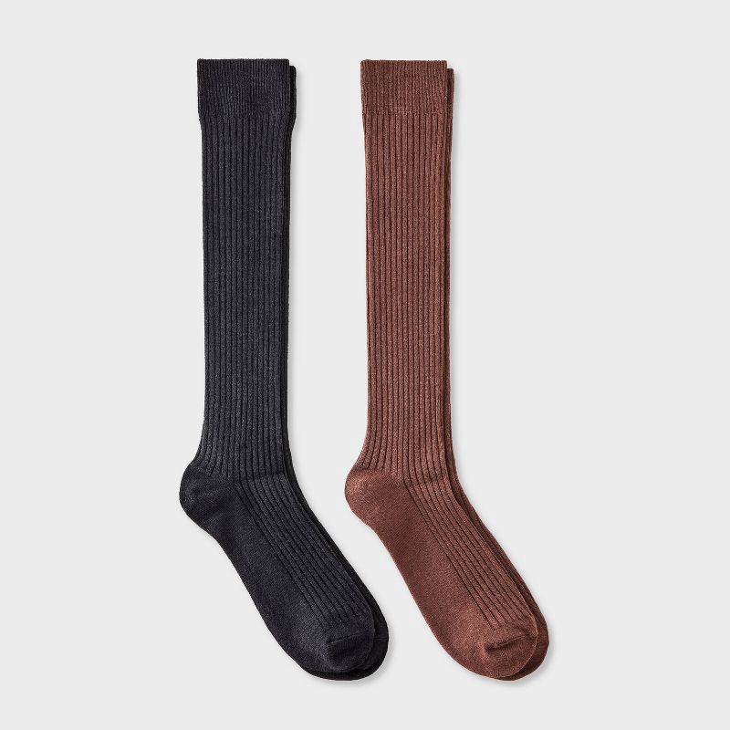 slide 1 of 3, Women's Ribbed Ultra Soft Everyday Rib-Knit 2pk Knee High Socks - Auden™ Black/Brown 4-10, 2 ct