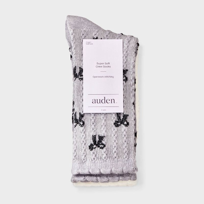 slide 2 of 3, Women's Scallop Edge All-Over Bows and Pointelle 2pk Crew Socks - Auden™ Heather Gray/Black/Ivory 4-10, 2 ct