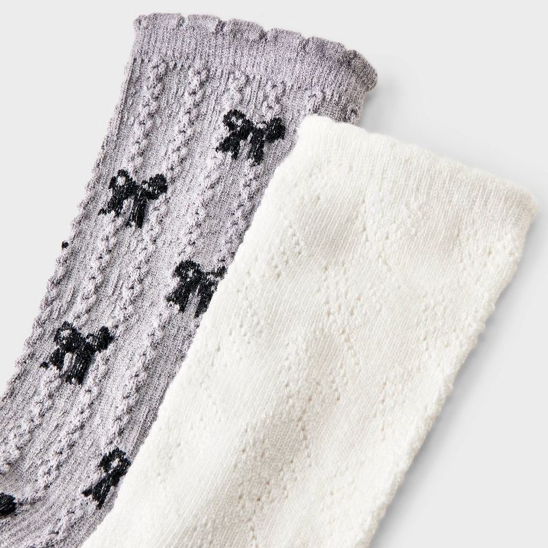 slide 3 of 3, Women's Scallop Edge All-Over Bows and Pointelle 2pk Crew Socks - Auden™ Heather Gray/Black/Ivory 4-10, 2 ct