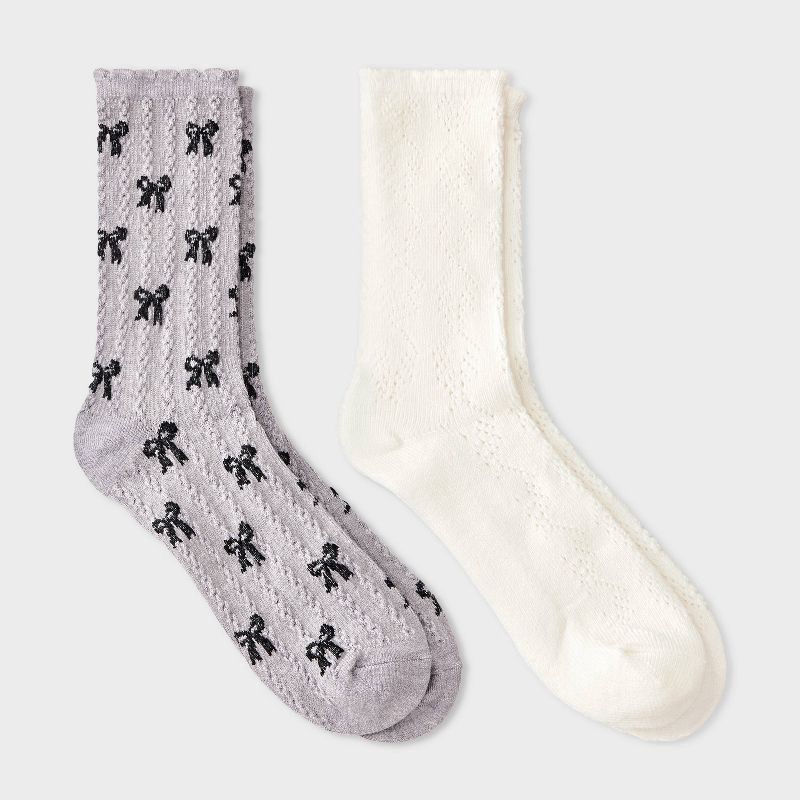 slide 1 of 3, Women's Scallop Edge All-Over Bows and Pointelle 2pk Crew Socks - Auden™ Heather Gray/Black/Ivory 4-10, 2 ct
