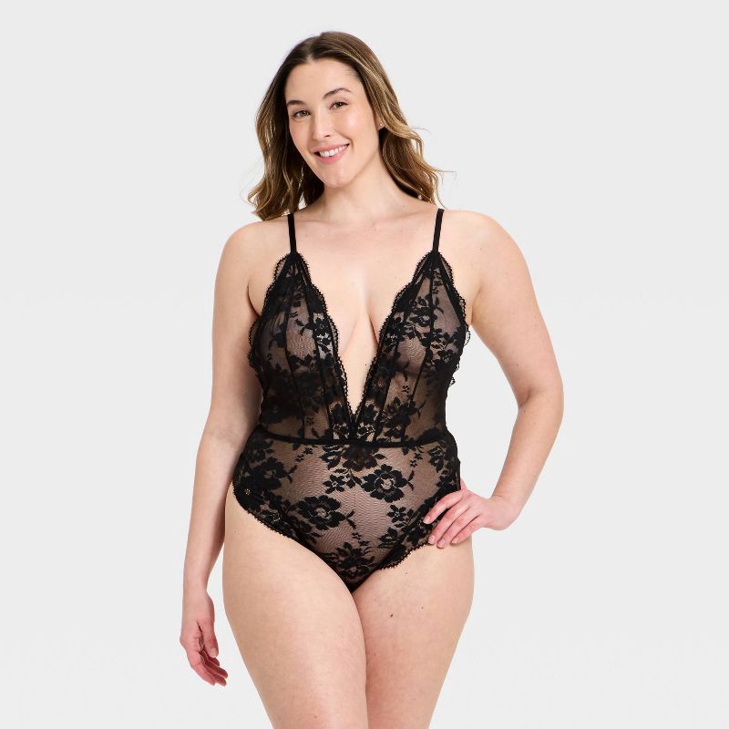 slide 4 of 5, Women's Eyelash Lace High Leg Lingerie Teddy Bodysuit - Auden™ Black S, 1 ct
