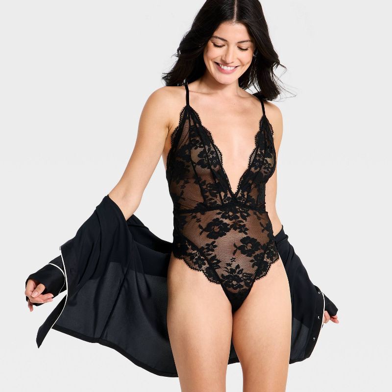 slide 3 of 5, Women's Eyelash Lace High Leg Lingerie Teddy Bodysuit - Auden™ Black L, 1 ct