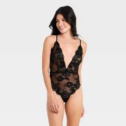 Women's Eyelash Lace High Leg Lingerie Teddy Bodysuit - Auden™ Black L