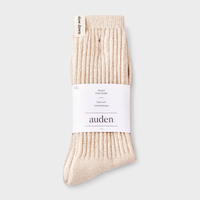 slide 2 of 4, Women's Ultra Soft Ribbed Cushioned Slouch Crew Socks with Woven label 'slow Down'- Auden™ Oatmeal Heather 4-10, 1 ct