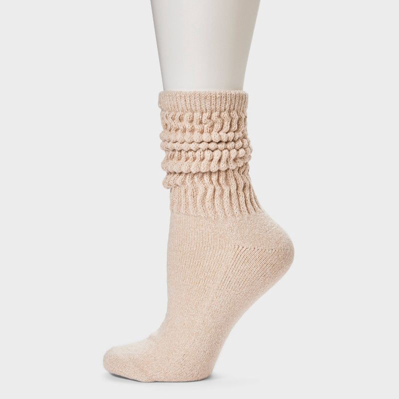 slide 4 of 4, Women's Ultra Soft Ribbed Cushioned Slouch Crew Socks with Woven label 'slow Down'- Auden™ Oatmeal Heather 4-10, 1 ct