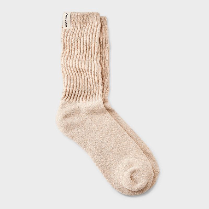 slide 1 of 4, Women's Ultra Soft Ribbed Cushioned Slouch Crew Socks with Woven label 'slow Down'- Auden™ Oatmeal Heather 4-10, 1 ct