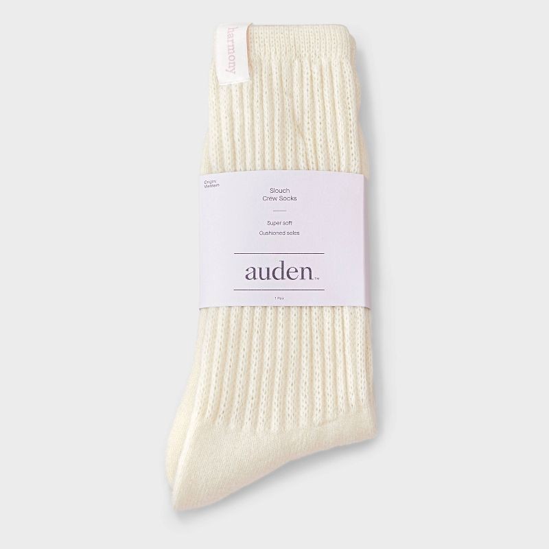 slide 2 of 4, Women's Ultra Soft Ribbed Cushioned Slouch Crew Socks with Woven label 'Harmony' - Auden™ White 4-10, 1 ct