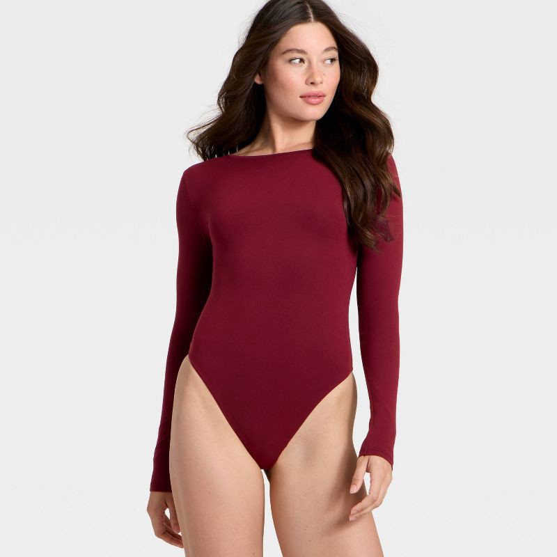 slide 3 of 5, Women's Luxe Stretch Long Sleeve Bodysuit - Auden™ Berry Red M, 1 ct