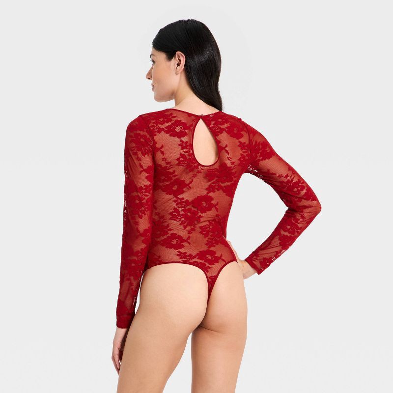 slide 2 of 5, Women's Lace Long Sleeve Lingerie Bodysuit - Auden™ Red S, 1 ct