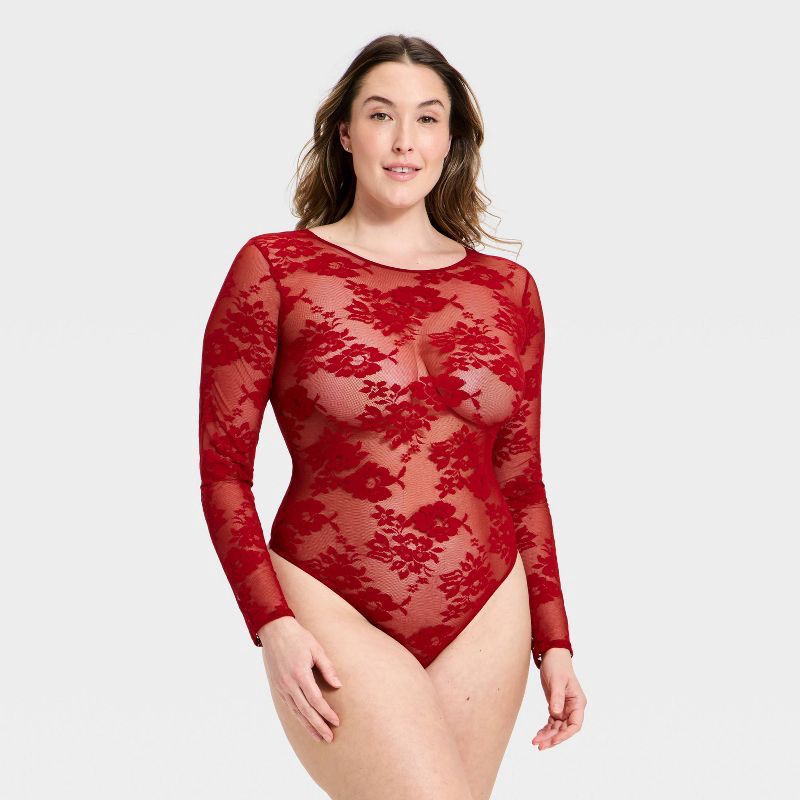 slide 4 of 5, Women's Lace Long Sleeve Lingerie Bodysuit - Auden™ Red S, 1 ct