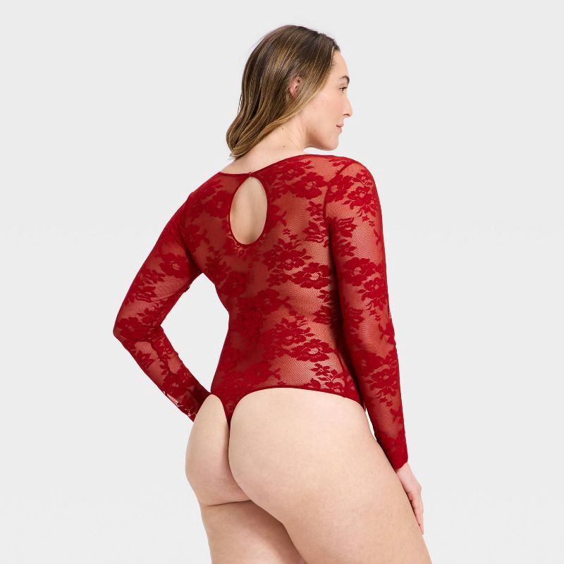 slide 5 of 5, Women's Lace Long Sleeve Lingerie Bodysuit - Auden™ Red S, 1 ct