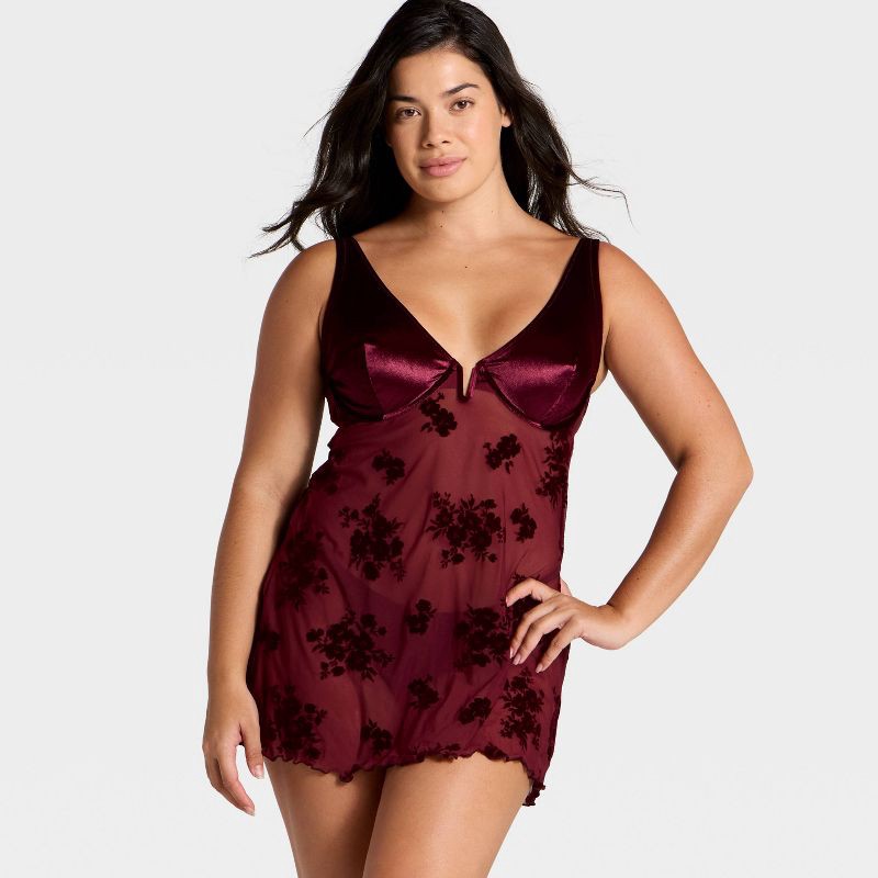 slide 5 of 5, Women's Flocked Lingerie Slip Dress - Auden™ Berry Red M, 1 ct