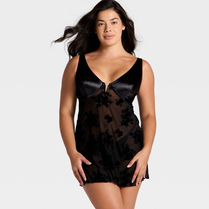 slide 4 of 5, Women's Flocked Lingerie Slip Dress - Auden™ Black M, 1 ct