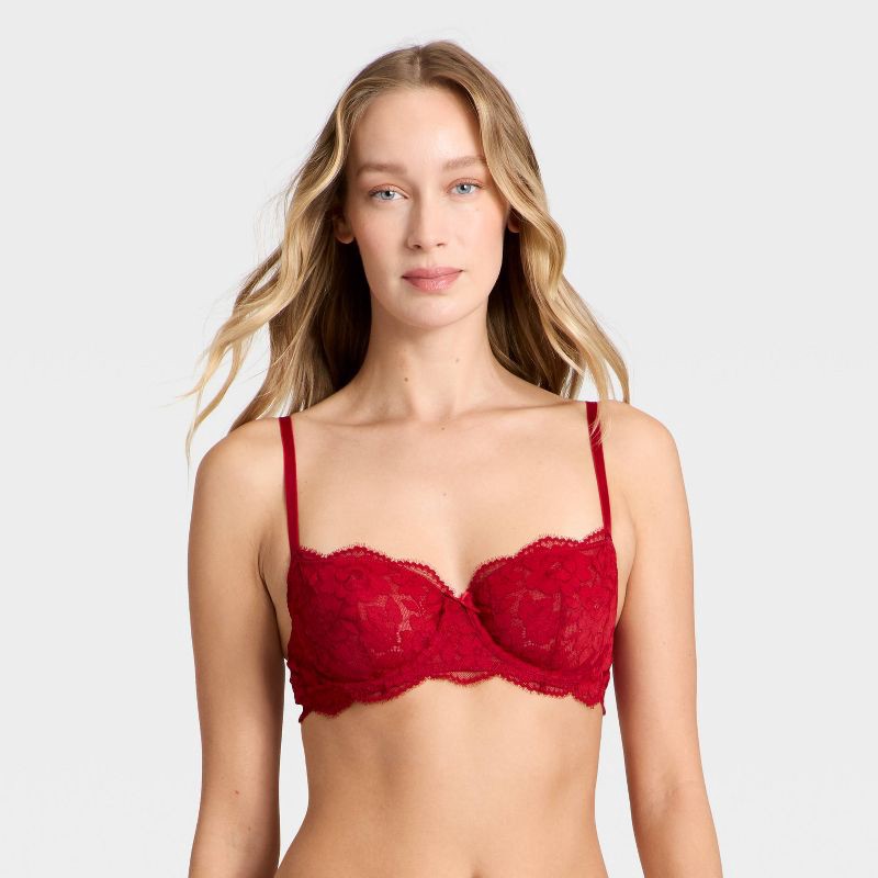 slide 1 of 5, Women's Lace Unlined Straight Neck Balconette Bra - Auden™ Red 34C, 1 ct