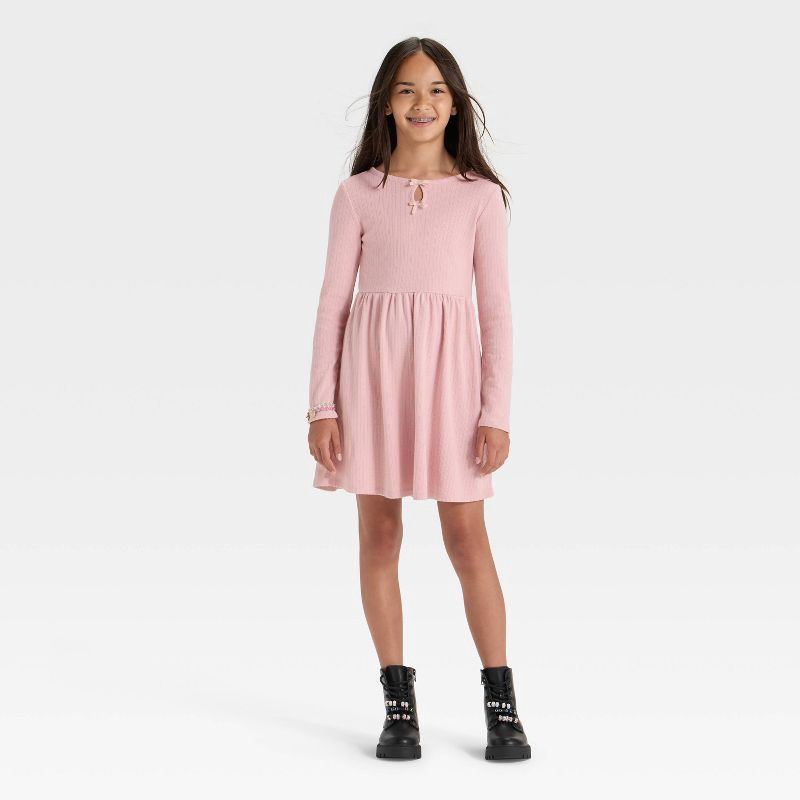 slide 3 of 3, Girls' Long Sleeve Pointelle A-Line Dress - Cat & Jack™ Pink M, 1 ct