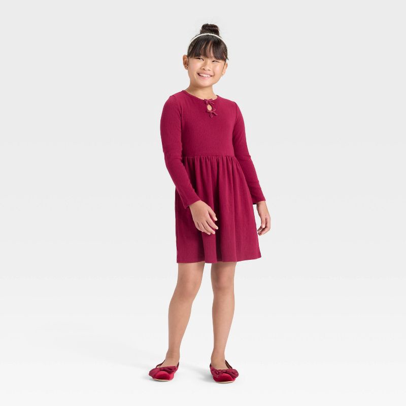 slide 3 of 3, Girls' Long Sleeve Pointelle A-Line Dress - Cat & Jack™ Dark Red XS, 1 ct